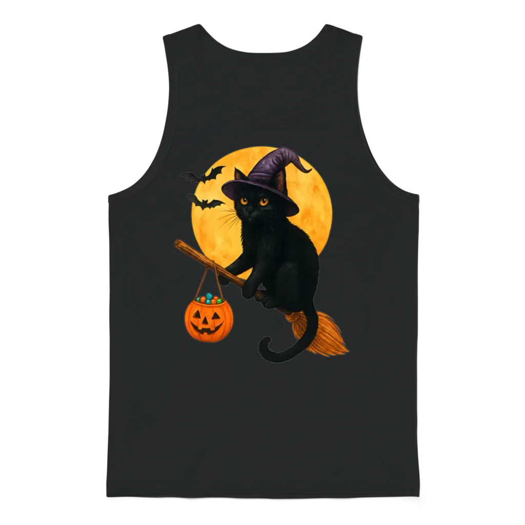 Cat Witch Hat Pumpkin Halloween Unisex Tank Top - Black