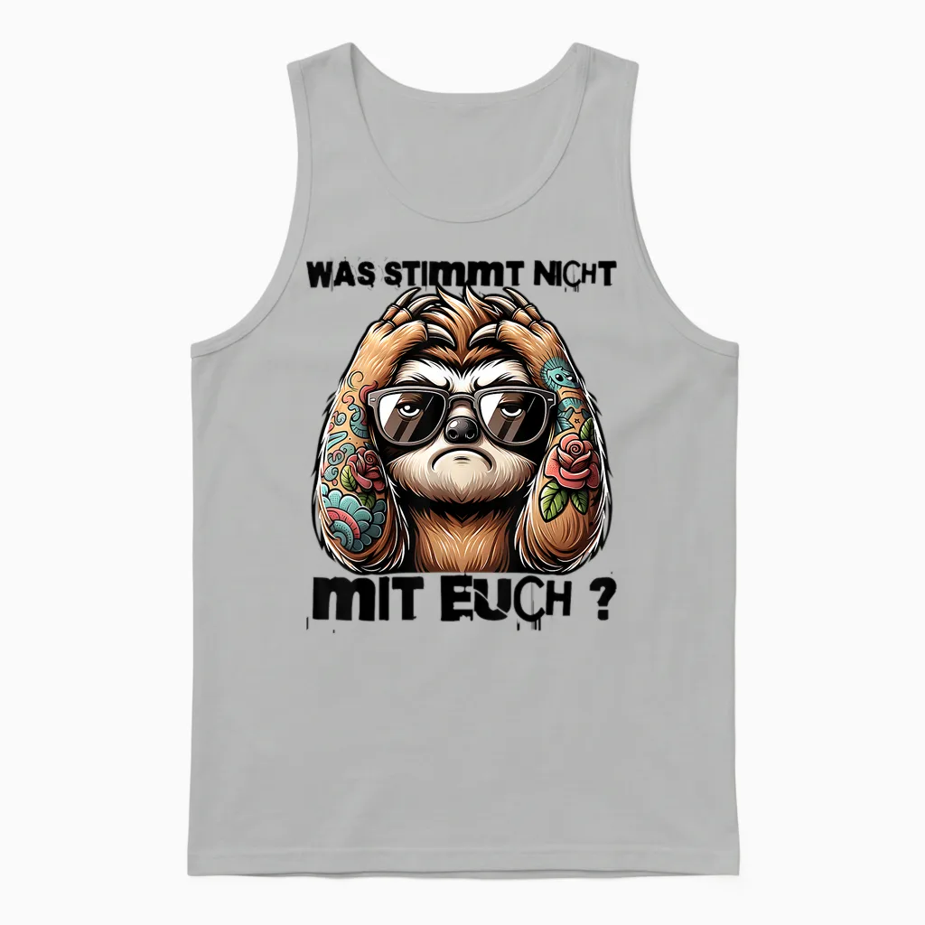 T-Shirt with German Text "ich Hasse Menschen - Was Stimmt Denn Mit Dir Nicht ", White Unisex Tank Top in Ash