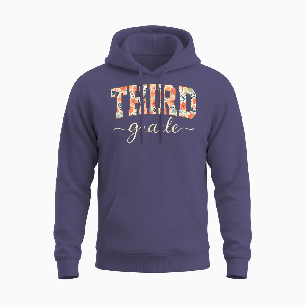 Floral Third Grade Back to School for Students and Teachers Unisex Hoodie in Heather Sport Dark Navy