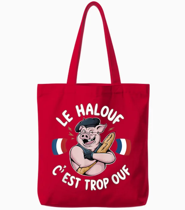Halouf Trop Ouf Gift Humour Gift France Pig Butcher T-Shirt, Black, S Tote Bags in Red