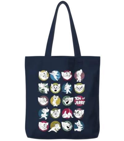 Tom and Jerry Iconic Expressions with Logo Tote Bags - Navy