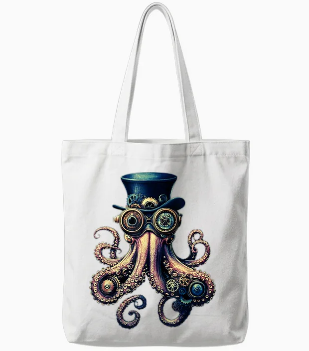 Steampunk Octopus - Gears, Glasses and Tentacles Design Tote Bags in White