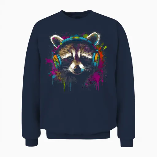 Raccoon Music Headphones Colourful Animal Motif Art Raccoon T-Shirt, Black Unisex Sweatshirt - Navy