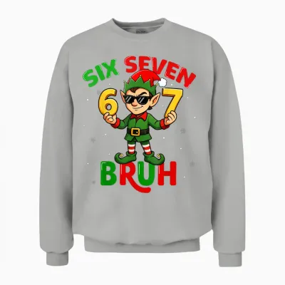 Bruh 67 Six Seven 6 7 Meme Elf Christmas Funny Boy Girl Unisex Sweatshirt - Ash