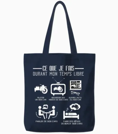 Side-Car Free Time Funny Quote Humour Passion T-Shirt, Black, S Tote Bags - Navy