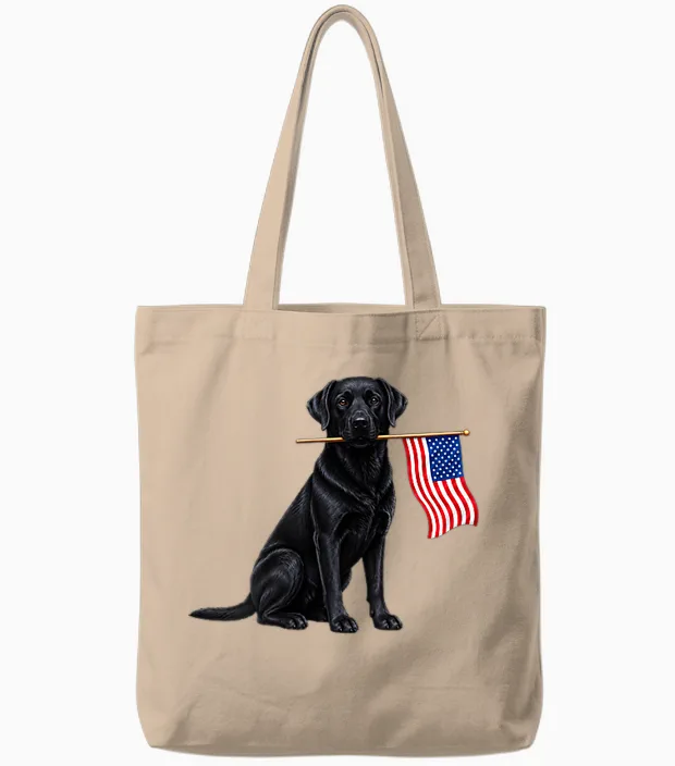 Black Labrador Retriever Holding American Usa Flag 4 of July Tote Bags in Natural