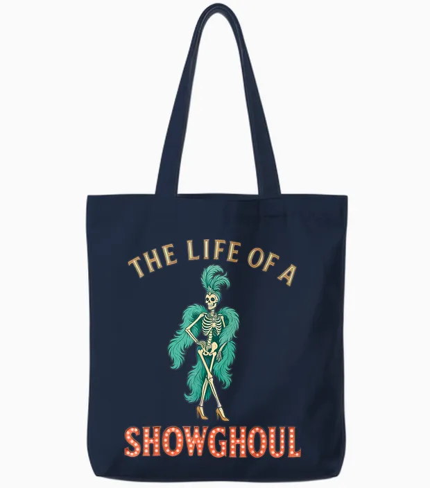 The Life of a Showghoul Retro Halloween Show Skeleton Girl Tote Bags in Navy