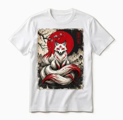Kitsune Neunschwänziger Fuchs Japanische Mythologie Unisex T-Shirt - White