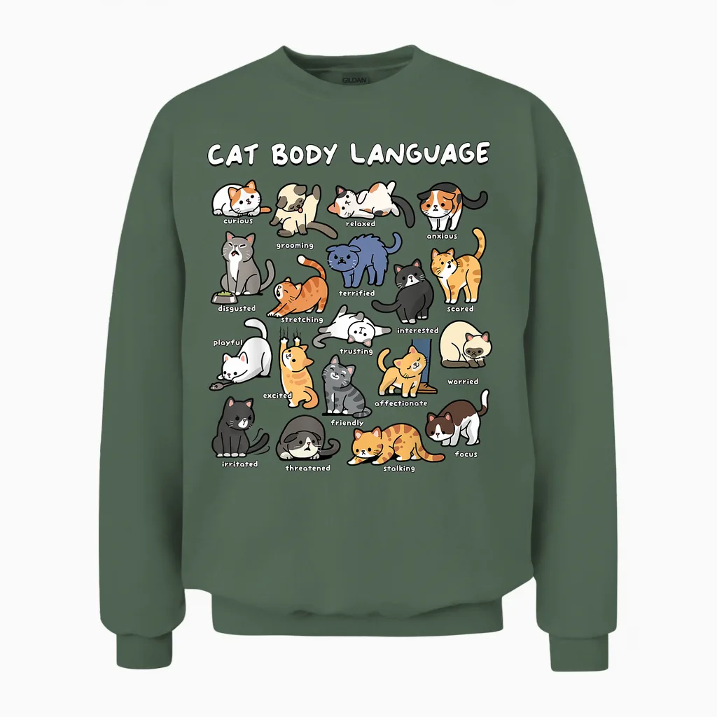 Cat Body Language Cute Cat Lover Kawaii Unisex Sweatshirt in Military Green