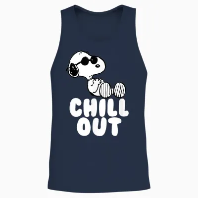 Peanuts Classic Fit Crew Neck T-Shirt - Chill Out Snoopy Graphic in Blue Unisex Tank Top - Navy