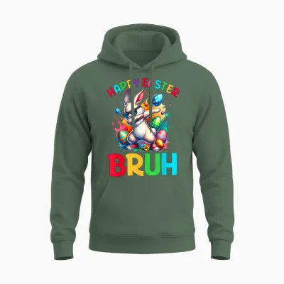 Bruh Easter Eggs Teens Boys Kids Easter Bunny Easter Unisex Hoodie - Military Green