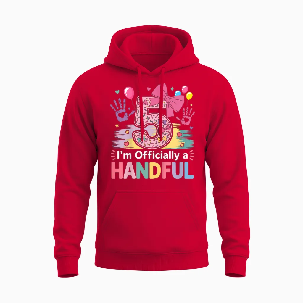 Kids I'm Officially a Handful Five Pink Bow 5th Birthday Girls Unisex Hoodie in Red