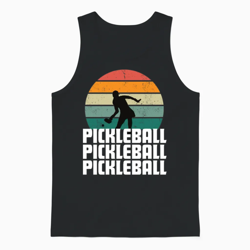 Pickleball Sunset Retro Womens Unisex Tank Top in Black