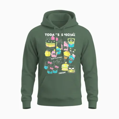 Hello Sanrio Kawaii Burger Shop Foodie Menu Unisex Hoodie - Military Green