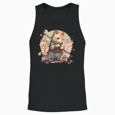 Japanese Samurai Warriors & Funny Kawaii Animes Samurai Cat Warrior Japanische Ninja-Katze Kawaii T-Shirt Schwarz Unisex Erwachsene Und Kinder Kurzarm T-Shirt Klein Unisex Tank Top - Black