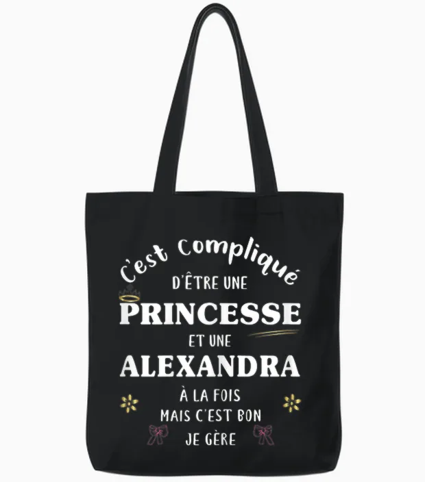 Women's Princess Humor Personalized Gift Alexandra Name T-Shirt, Black, S Tote Bags in Black