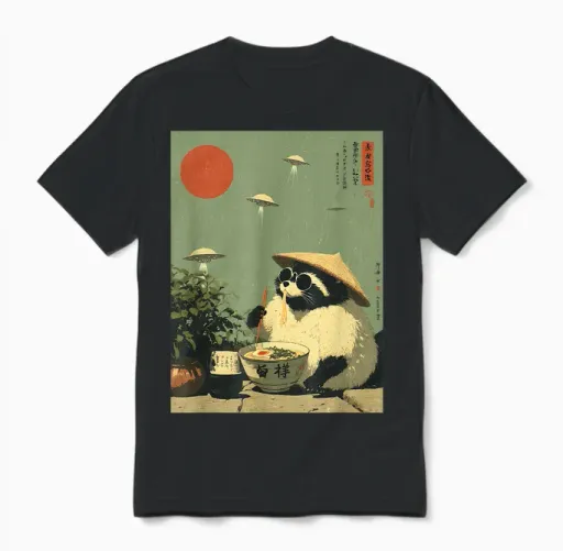 Funny Vintage Japanese Raccoon Ramen Ufo Alien Space Noodles Unisex T-Shirt in Black