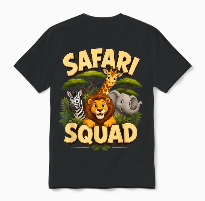 Safari Squad, Cute Crew Drawing with Jungle Animals and Zoo Unisex T-Shirt in Black