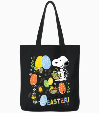 Snoopy & Woodstock Merry Easter Grid Tote Bags - Black