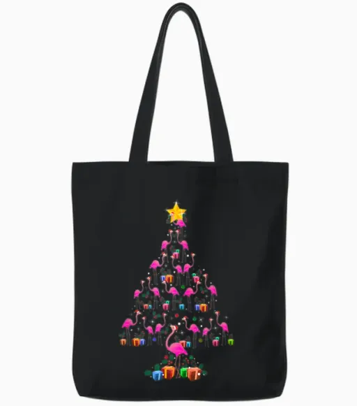 Pink Flamingo Christmas Tree Cute Tote Bags - Black