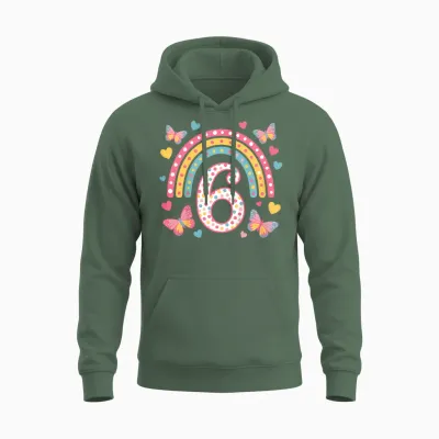 6. Geburtstag Regenbogen Schmetterlinge Herzen Geburtstags Unisex Hoodie - Military Green