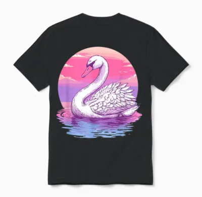 Graceful Swan Pink Sunset Reflection Art T-Shirt, Black, S Unisex T-Shirt - Black