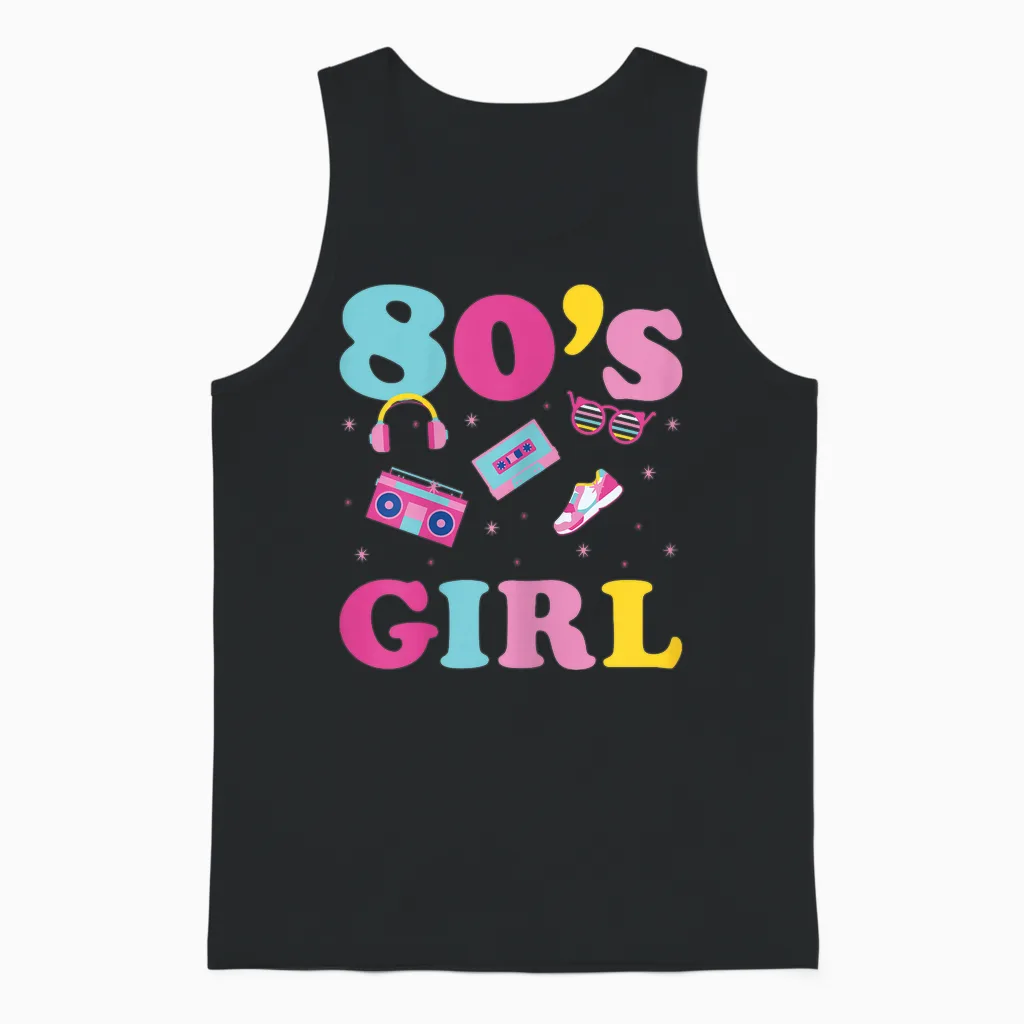80s 80s Party Outfit Costume 80's Girl T-Shirt, Black Unisex Tank Top in Black