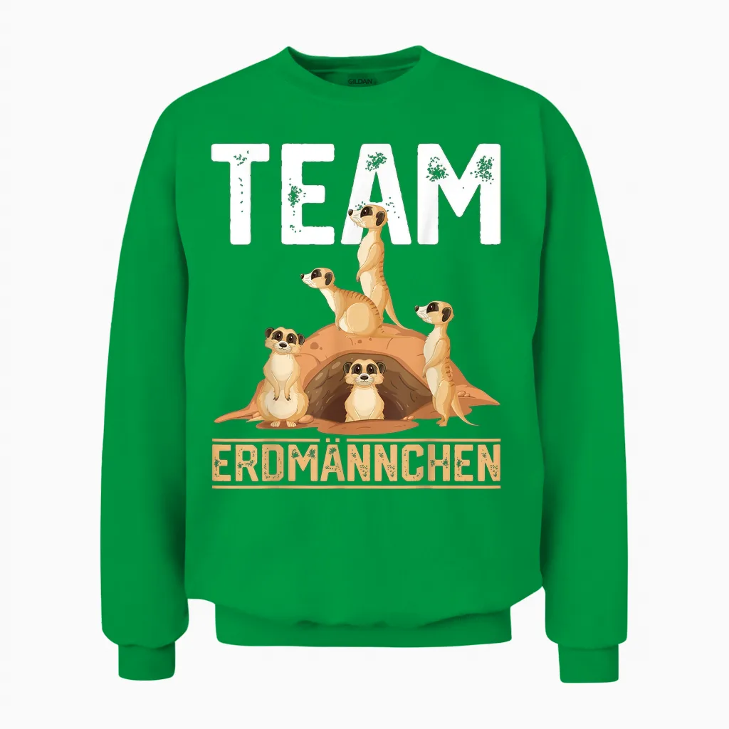 Team Erdmännchen Retro Meerkat Children's Girls Meerkat T-Shirt, Black Unisex Sweatshirt in Irish Green