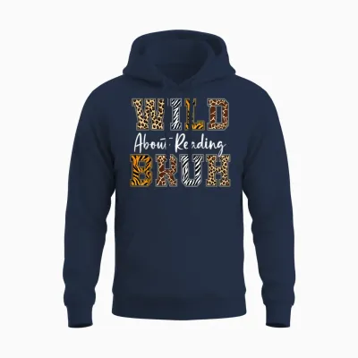 Boys Animal Print Clothes Wild About Reading Kids Book Lover Unisex Hoodie - Navy