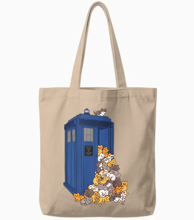 Tardis Funny Cats Vintage Retro Kitten Box Tote Bags in Natural