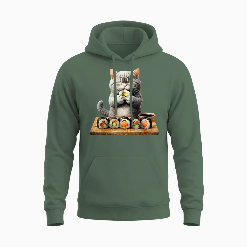 Chats Kawaii Sushi Otaku Chat Drôle Anime Japonais Unisex Hoodie in Military Green