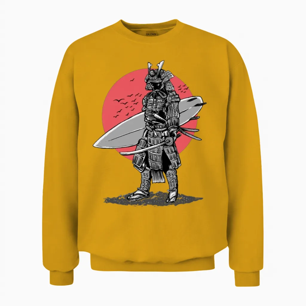 Samurai Surfer Red Sun Unisex Sweatshirt in Gold