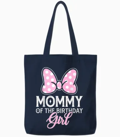 Mommy of the Birthday Girl Cute Pink Bow Family Matching Tote Bags - Navy
