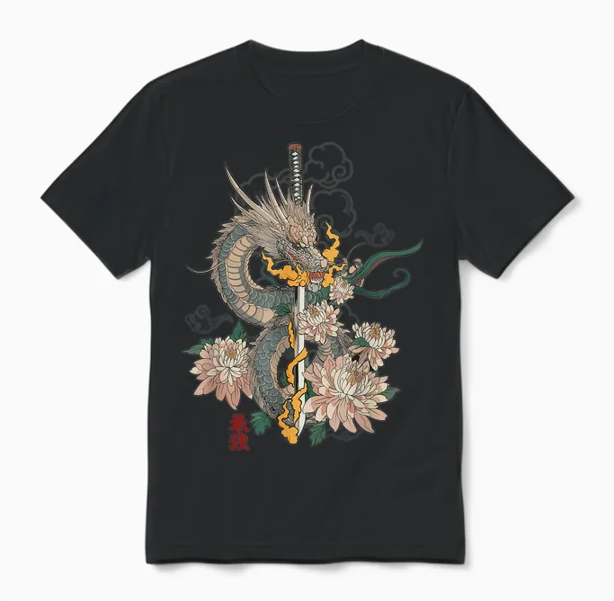 Japanese Dragon Katana Samurai Aesthetic Mythical Art T-Shirt, Black, S Unisex T-Shirt in Black