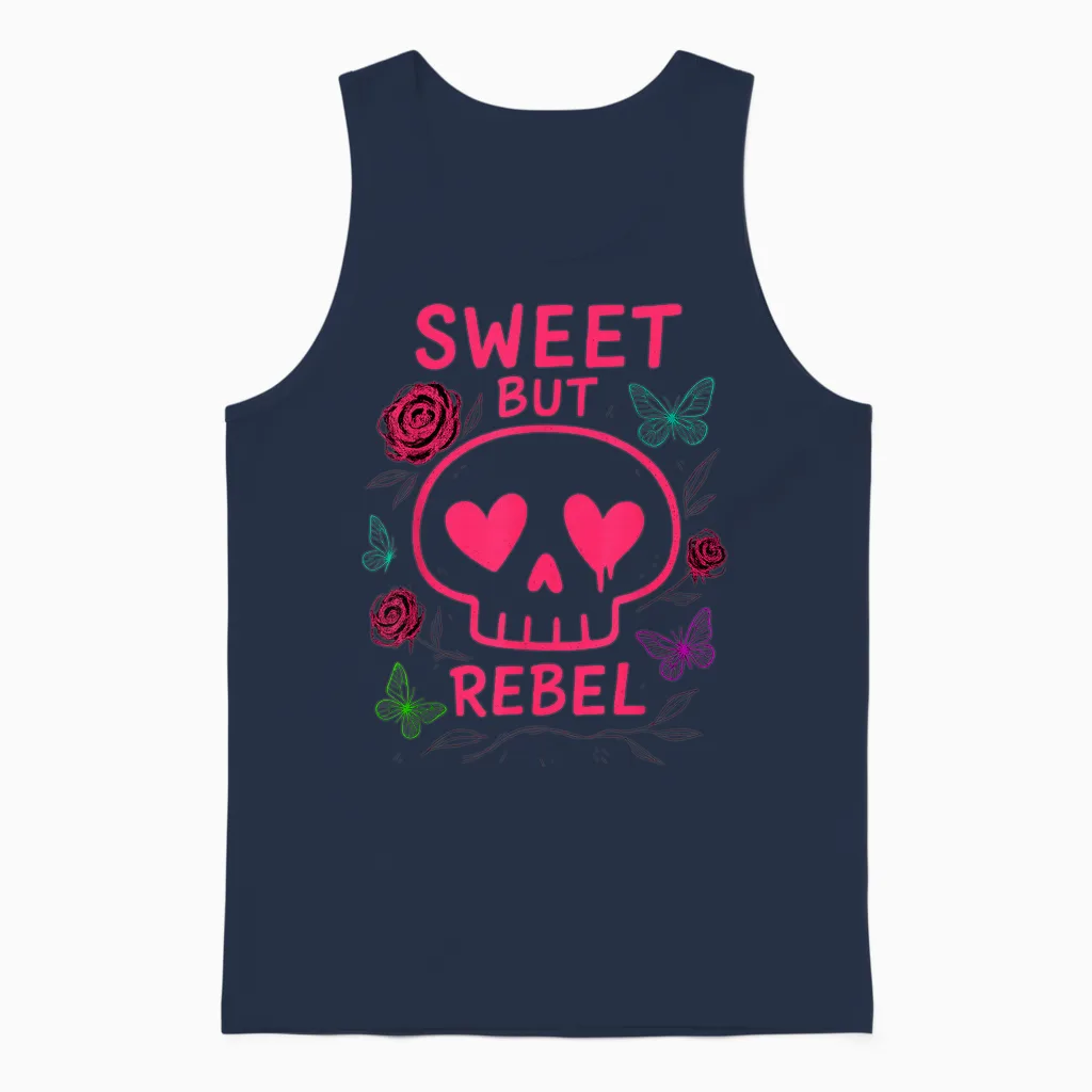 Mignon ’n Punk Crâne Coeurs Papillons Roses Esthétique Unisex Tank Top in Navy