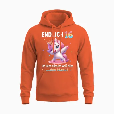 16th Birthday Girl 16 Years Unicorn Party Outfit Unicorn T-Shirt, Black Unisex Hoodie - Orange