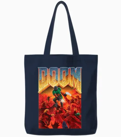 Ripple Junction X Doom 1993 Video Game Cover Art T-Shirt, Black, S Tote Bags - Navy