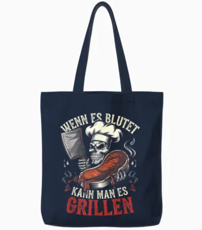 T-Shirt with German Text "wenn Es Blutet Kann Man Es Grillen, Black Tote Bags - Navy