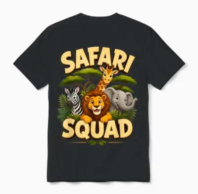 Safari Squad, Cute Crew Drawing with Jungle Animals and Zoo Unisex T-Shirt - Black