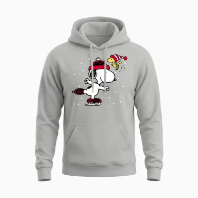 Peanuts Snoopy and Woodstock Skate Holiday Short Sleeve Unisex Hoodie - Ash