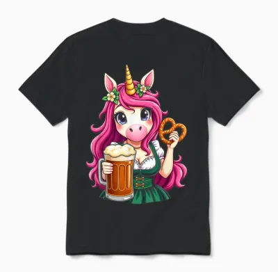 German Drindl Unicorn Beer Pretzel Oktoberfest Party T-Shirt, Black, S Unisex T-Shirt - Black