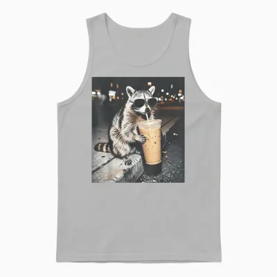 Raccoon Drinking Iced Coffee Funny Animal Meme Men Women Unisex Tank Top - Ash