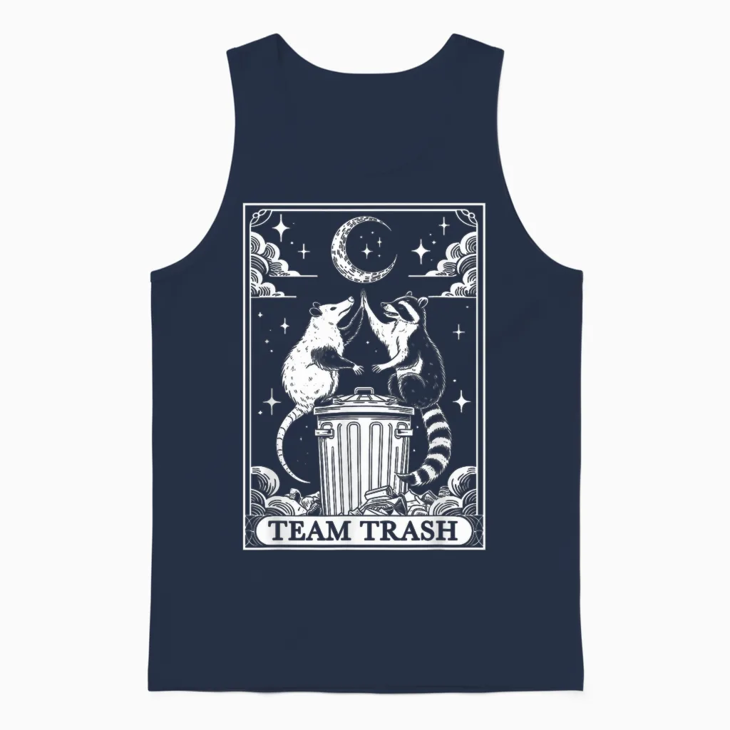 Tarot Card Vintage Team Trash Crescent Moon Opossum Raccoon Unisex Tank Top in Navy