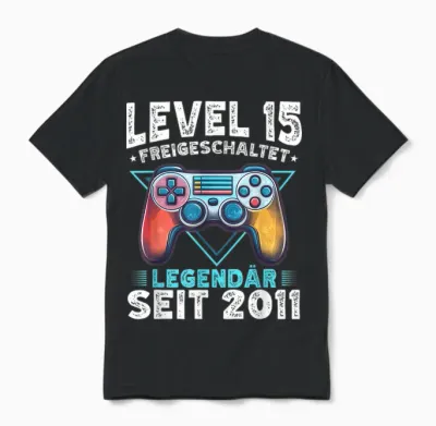 Level 15 Geburtstag Junge Gamer Mann Deko Jahrgang 2011 Unisex T-Shirt - Black