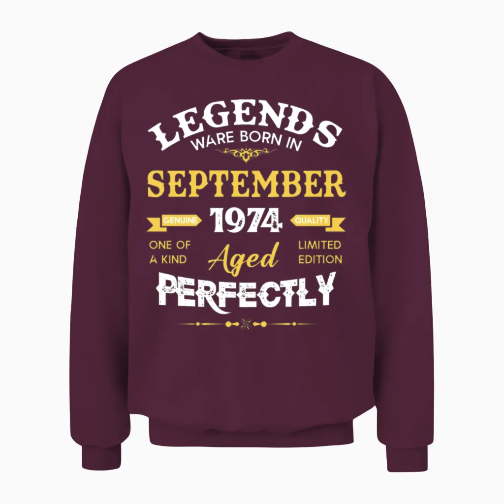 Vintage Aged to Perfection September 1974 Unisex Sweatshirt in Maroon