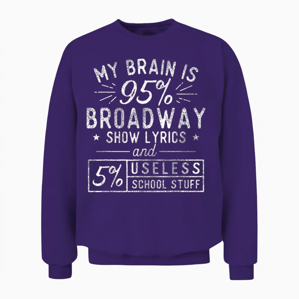 My Brain Is 95% Broadway Lyrics - Actor Theatre Musical T-Shirt Small Unisex Sweatshirt in Purple