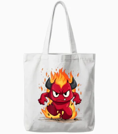 Funny Cartoon Devil with Fire and Flames Tote Bags - White