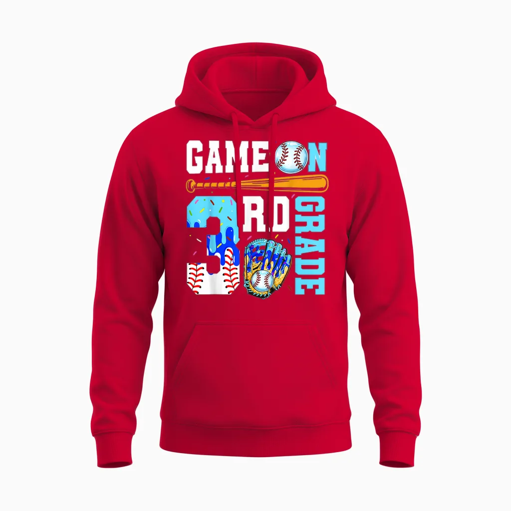 3rd Grade Back to School Baseball Drip Ice Cream Game On Unisex Hoodie in Red