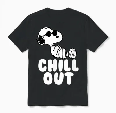 Peanuts Classic Fit Crew Neck T-Shirt - Chill Out Snoopy Graphic in Blue Unisex T-Shirt - Black