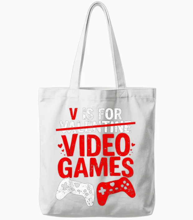 V Is for Video Games Funny Valentines Gamer Boy Men Tote Bags in White